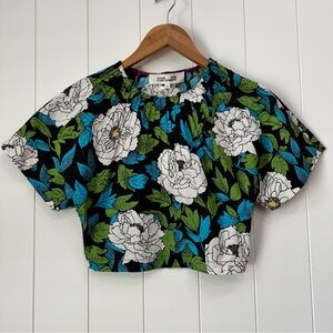 NWT Diane Von Furstenberg Floral Boswell Short Sleeve Pin Tuck Crop Top XS